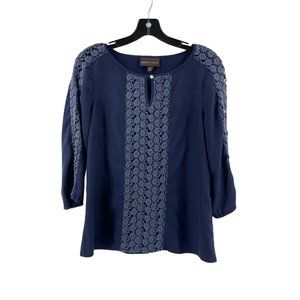 Dana Buchman Women's Navy Blue 3/4 Sleeve Boho Crochet Front Shirt Top Size Med